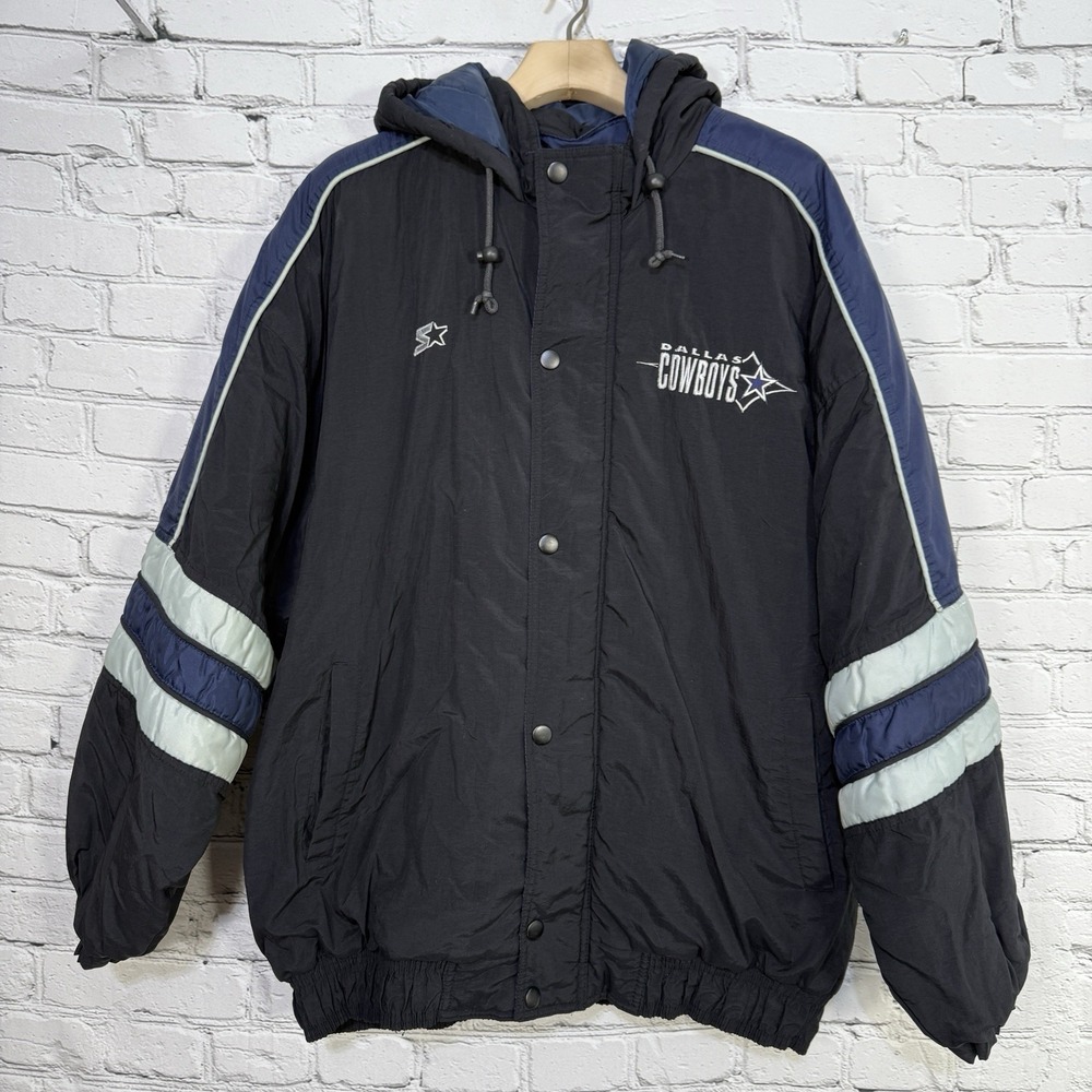 Vtg 90s Starter‎ Dallas Cowboys Hooded Puffer Jacket XXL Quilt Lined Parka 80s